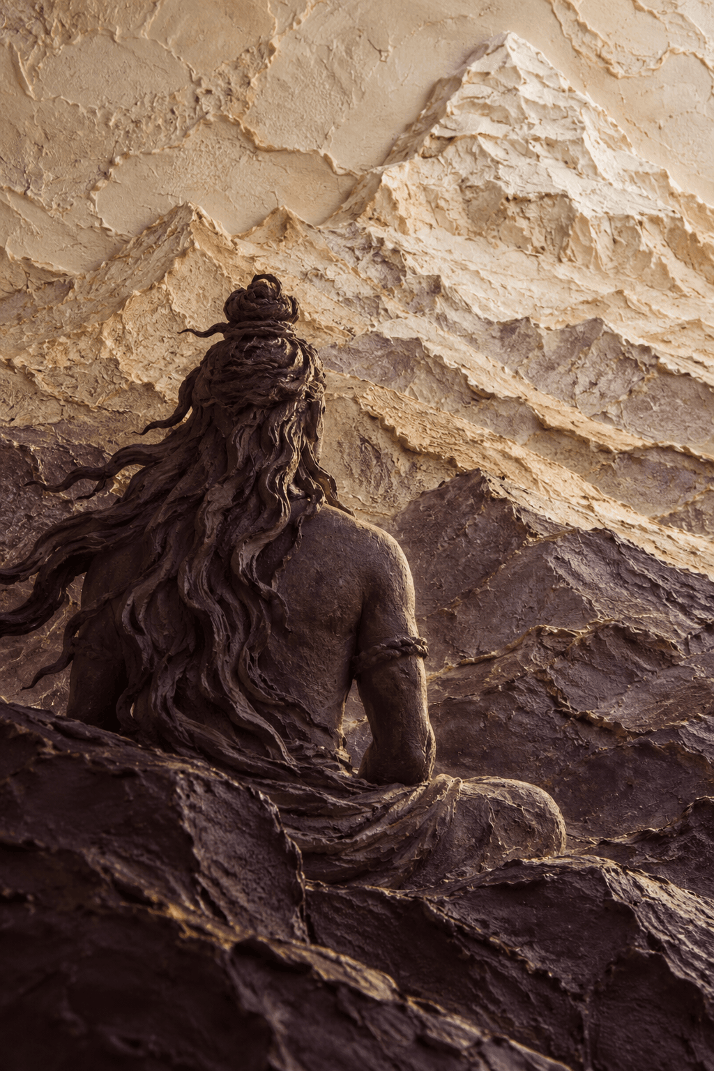 Textured relief of Shiva seen from behind, contemplating the mountain Kailash